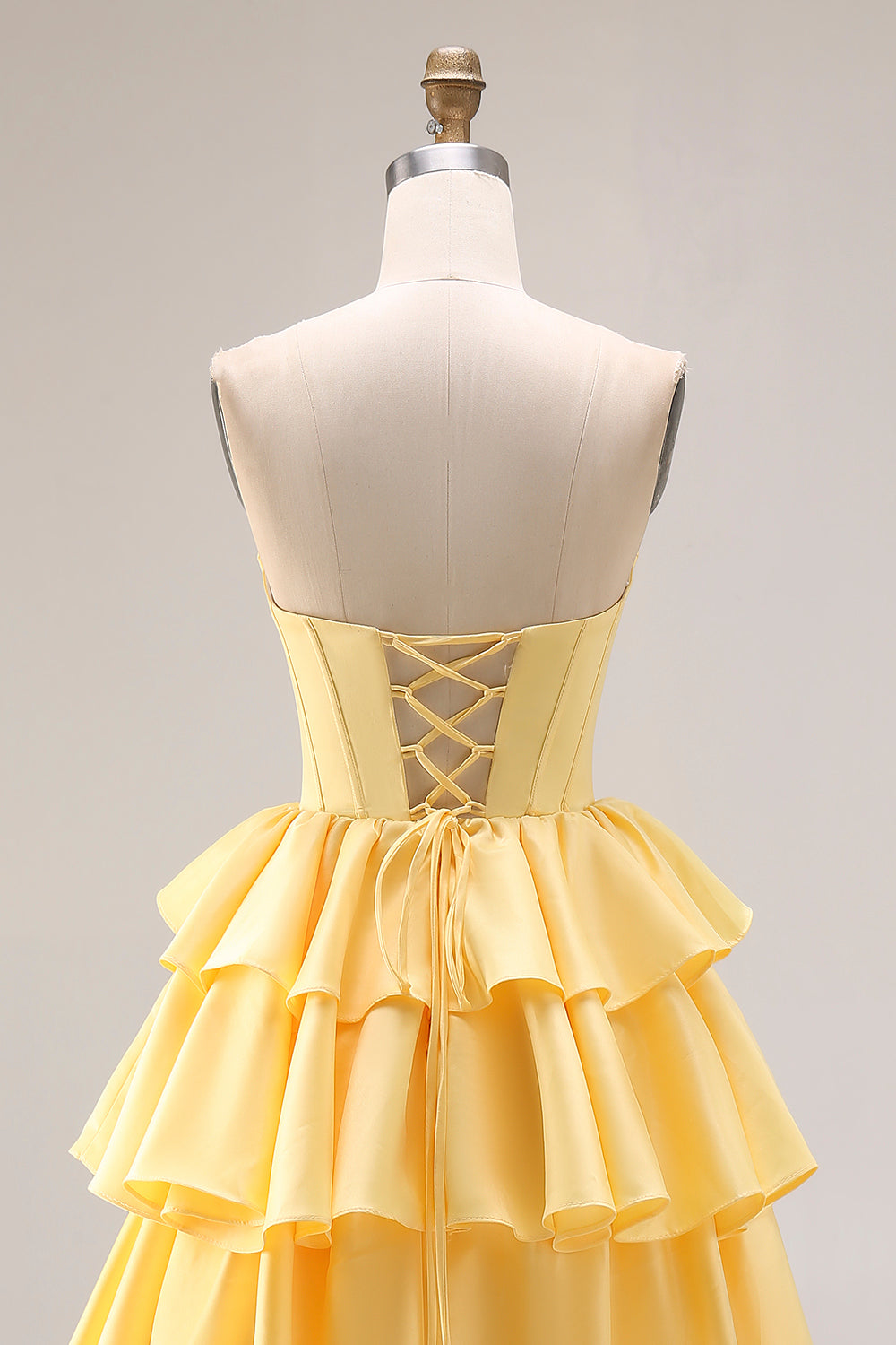 Yellow Ruffled Strapless A Line Long Corset Prom Dress with Pearls