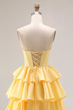 Yellow Ruffled Strapless A Line Long Corset Prom Dress with Pearls
