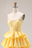 Yellow Ruffled Strapless A Line Long Corset Prom Dress with Pearls