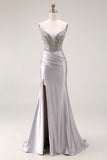 Sparkly Light Grey Spaghetti Straps Mermaid Long Prom Dress with Slit