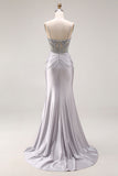 Sparkly Light Grey Spaghetti Straps Mermaid Long Prom Dress with Slit