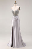Sparkly Light Grey Spaghetti Straps Mermaid Long Prom Dress with Slit