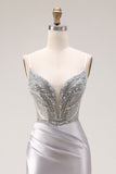 Sparkly Light Grey Spaghetti Straps Mermaid Long Prom Dress with Slit
