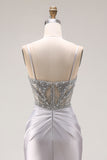 Sparkly Light Grey Spaghetti Straps Mermaid Long Prom Dress with Slit
