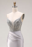 Sparkly Light Grey Spaghetti Straps Mermaid Long Prom Dress with Slit