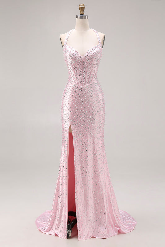 Sparkly Light Pink Beaded Halter Mermaid Long Corset Prom Dress