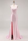 Sparkly Light Pink Beaded Halter Mermaid Long Corset Prom Dress