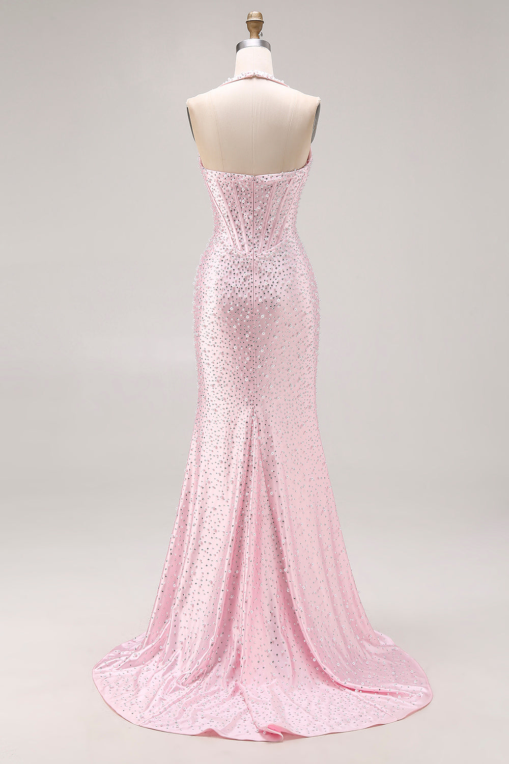 Sparkly Light Pink Beaded Halter Mermaid Long Corset Prom Dress