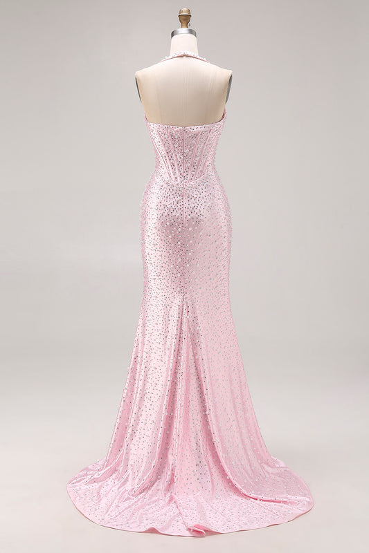 Sparkly Light Pink Beaded Halter Mermaid Long Corset Prom Dress