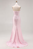 Sparkly Light Pink Beaded Halter Mermaid Long Corset Prom Dress
