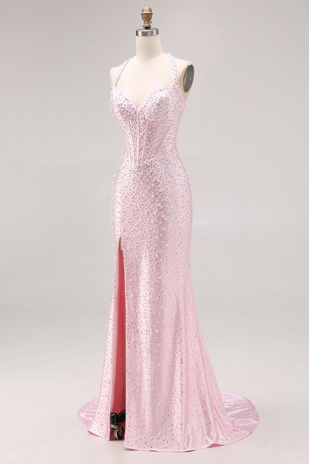 Sparkly Light Pink Beaded Halter Mermaid Long Corset Prom Dress