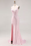 Sparkly Light Pink Beaded Halter Mermaid Long Corset Prom Dress