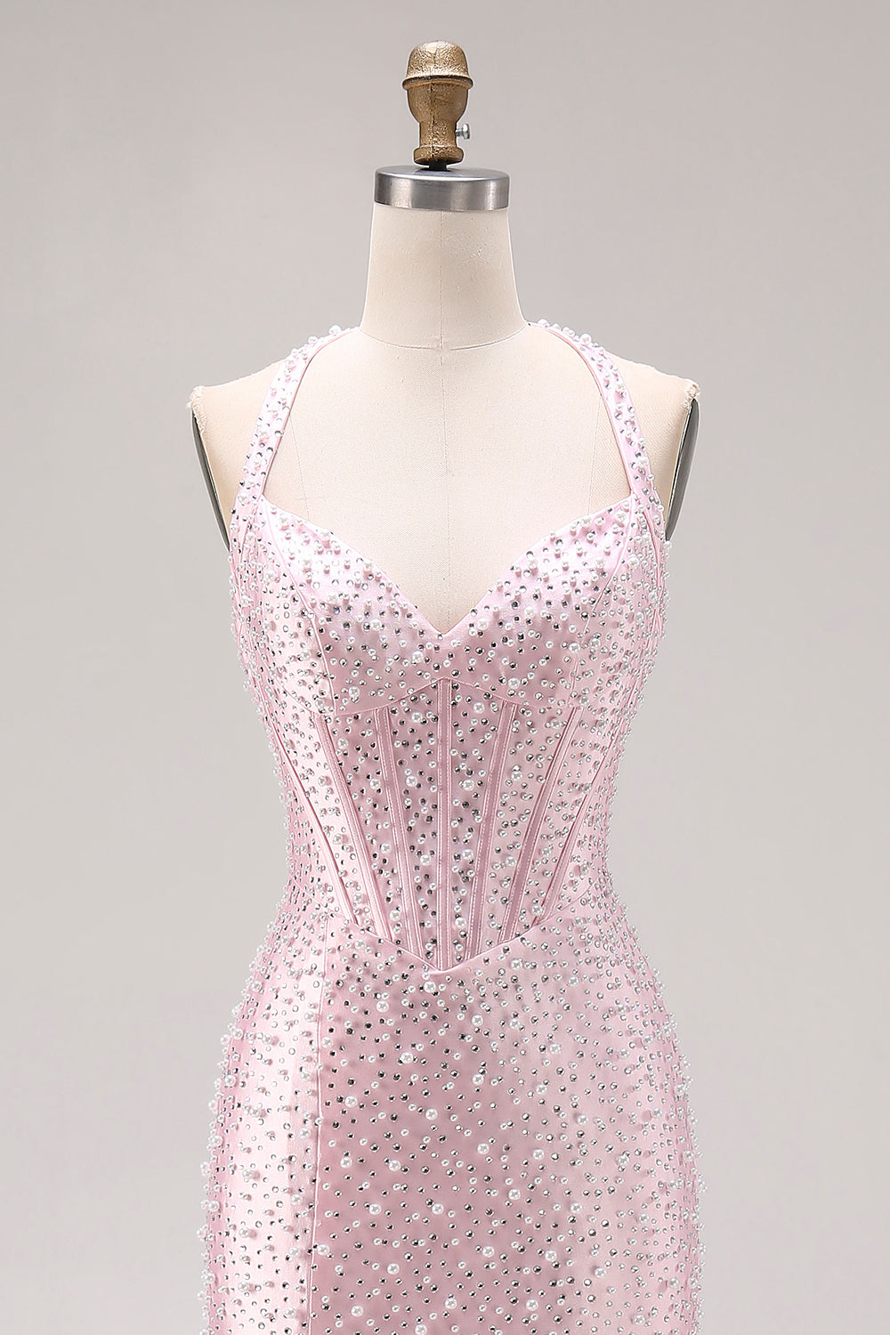 Sparkly Light Pink Beaded Halter Mermaid Long Corset Prom Dress