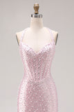 Sparkly Light Pink Beaded Halter Mermaid Long Corset Prom Dress