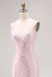 Sparkly Light Pink Beaded Halter Mermaid Long Corset Prom Dress