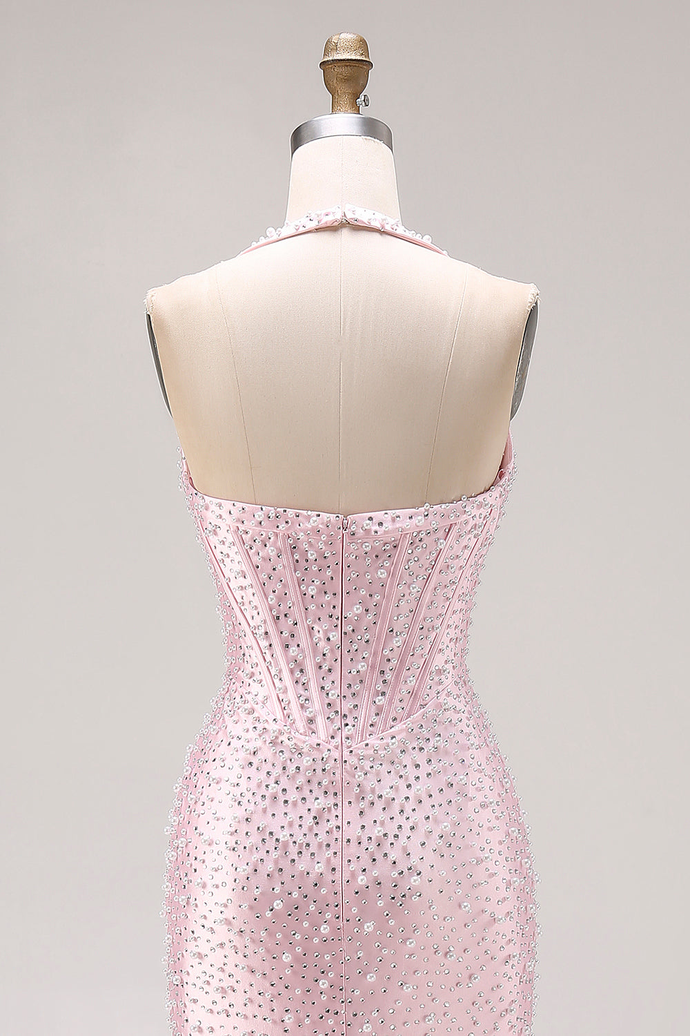 Zapakasa Women Sparkly Light Pink Beaded Long Corset Prom Dress with Slit Halter Mermaid Backless Gala Dress Zapakasa Women Sparkly Light Pink Beaded Long Corset Prom Dress with Slit Halter Mermaid Backless Gala Dress