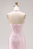 Sparkly Light Pink Beaded Halter Mermaid Long Corset Prom Dress
