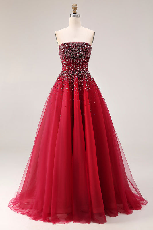 Sparkly Red Tulle Strapless A Line Long Prom Dress with Beading