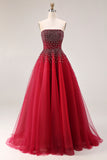 Sparkly Red Tulle Strapless A Line Long Prom Dress with Beading