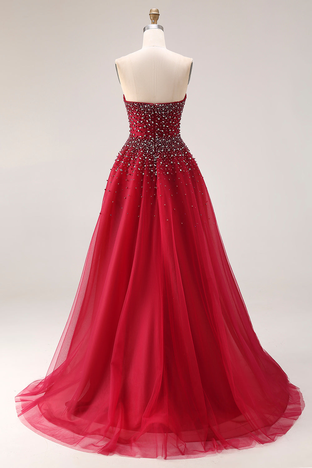 Sparkly Red Tulle Strapless A Line Long Prom Dress with Beading