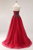Sparkly Red Tulle Strapless A Line Long Prom Dress with Beading