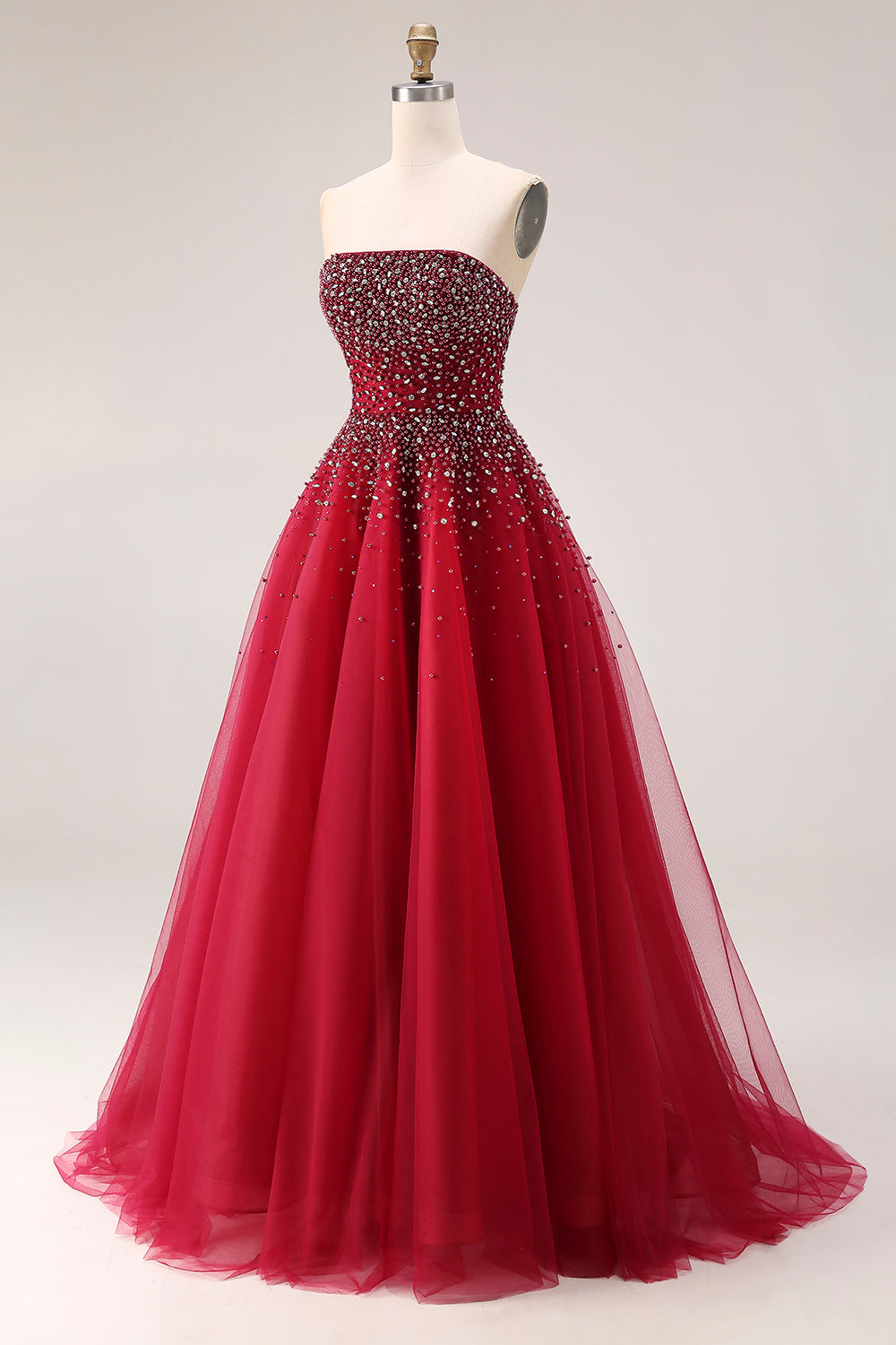 Sparkly Red Tulle Strapless A Line Long Prom Dress with Beading