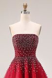 Sparkly Red Tulle Strapless A Line Long Prom Dress with Beading