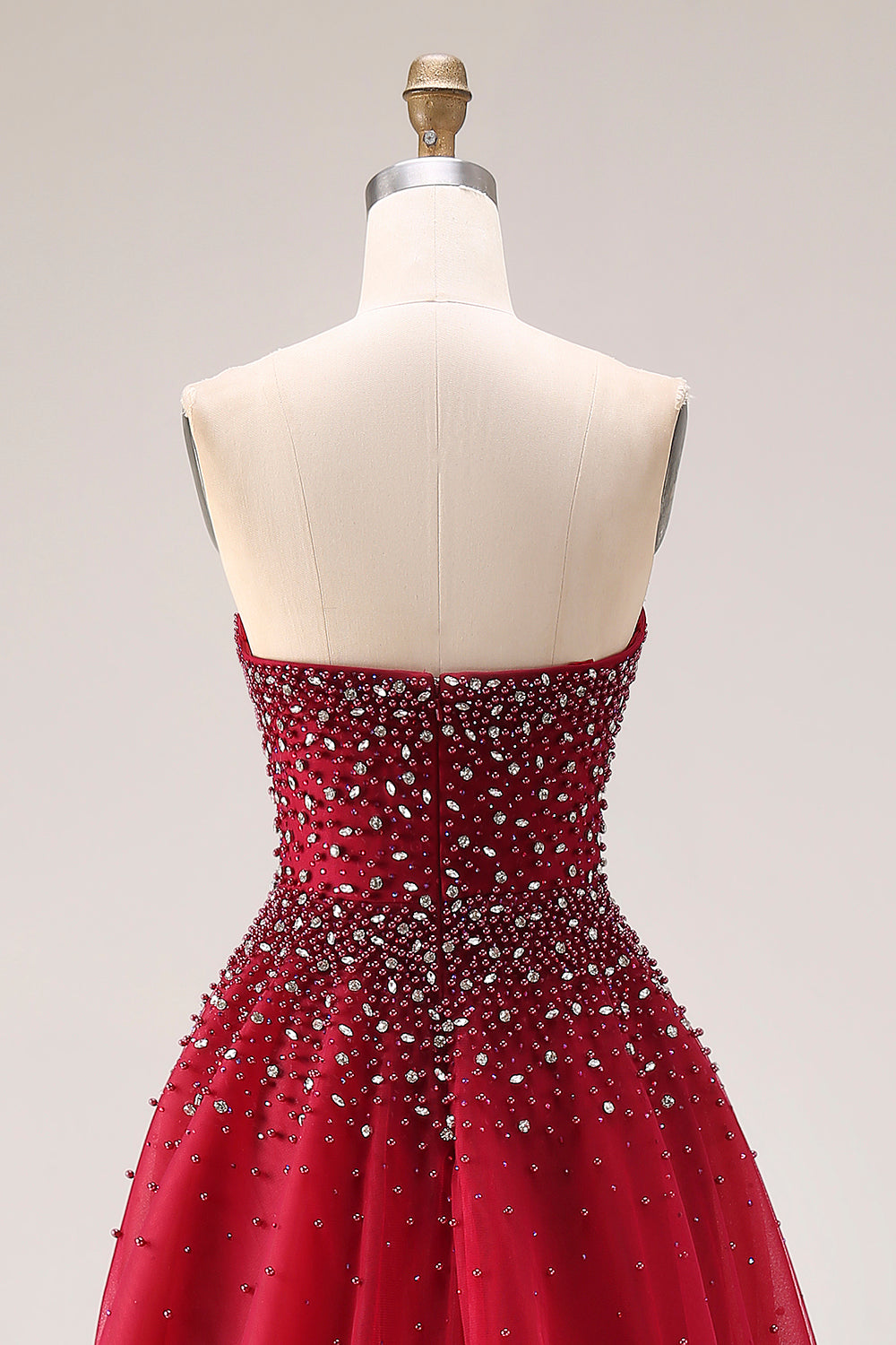Sparkly Red Tulle Strapless A Line Long Prom Dress with Beading
