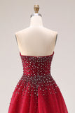 Sparkly Red Tulle Strapless A Line Long Prom Dress with Beading