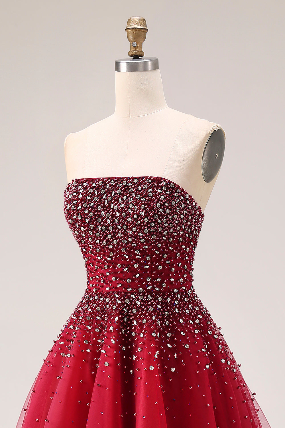 Sparkly Red Tulle Strapless A Line Long Prom Dress with Beading