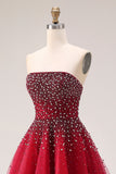 Sparkly Red Tulle Strapless A Line Long Prom Dress with Beading