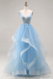 Sky Blue Floral Tulle A Line V-Neck Long Corset Prom Dress with Ruffles