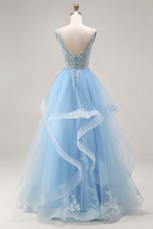 Sky Blue Floral Tulle A Line V-Neck Long Corset Prom Dress with Ruffles
