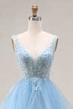 Sky Blue Floral Tulle A Line V-Neck Long Corset Prom Dress with Ruffles