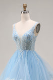 Sky Blue Floral Tulle A Line V-Neck Long Corset Prom Dress with Ruffles
