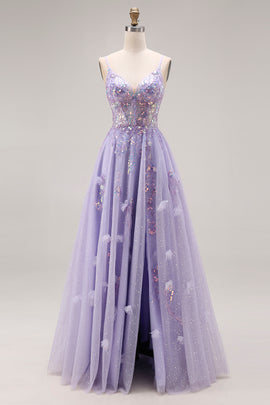Sparkly Light Purple Sequins A Line Long Corset Prom Dress with Slit