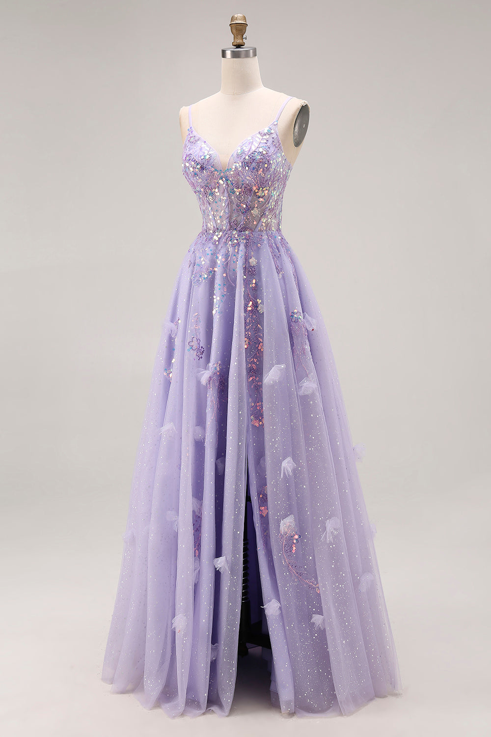 Sparkly Light Purple Sequins A Line Long Corset Prom Dress with Slit