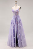 Sparkly Light Purple Sequins A Line Long Corset Prom Dress with Slit
