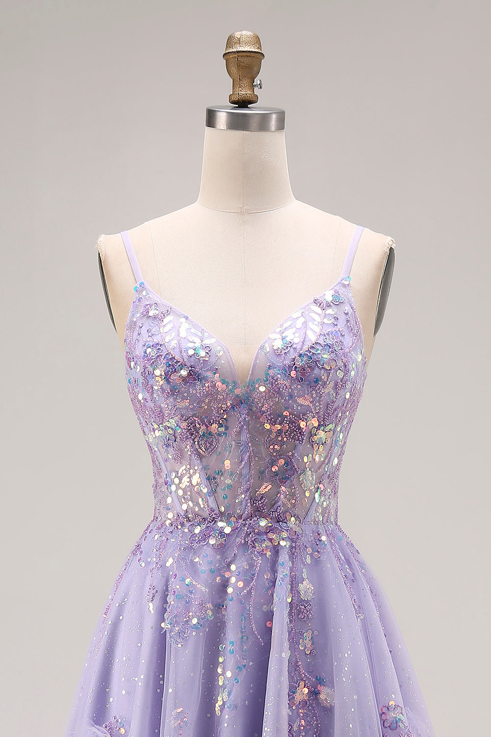 Sparkly Light Purple Sequins A Line Long Corset Prom Dress with Slit