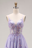 Sparkly Light Purple Sequins A Line Long Corset Prom Dress with Slit