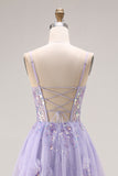Sparkly Light Purple Sequins A Line Long Corset Prom Dress with Slit