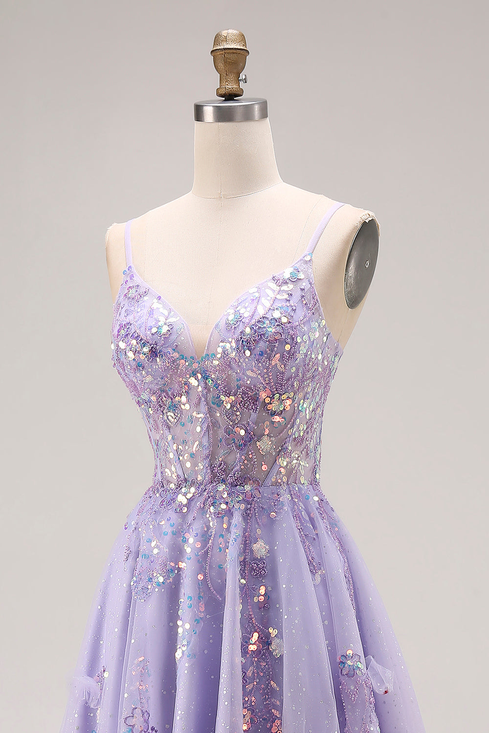 Sparkly Light Purple Sequins A Line Long Corset Prom Dress with Slit