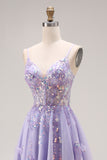 Sparkly Light Purple Sequins A Line Long Corset Prom Dress with Slit