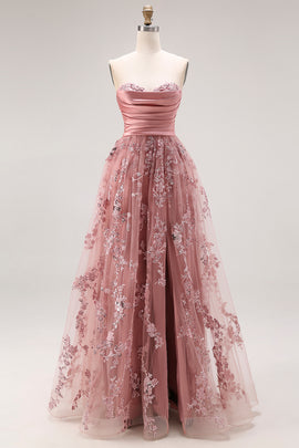 Sparkly Dusty Rose Floral A Line Sweetheart Long Prom Dress with Slit