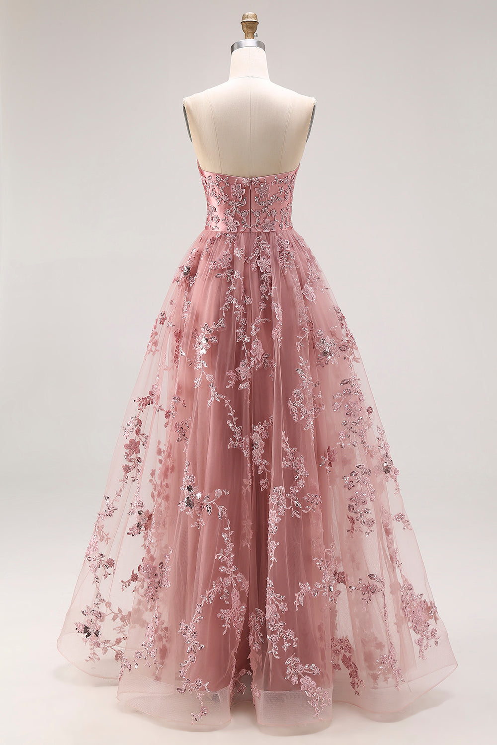 Sparkly Dusty Rose Floral A Line Sweetheart Long Prom Dress with Slit