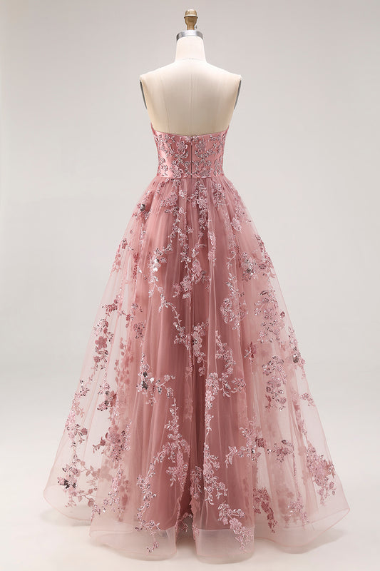 Sparkly Dusty Rose Floral A Line Sweetheart Long Prom Dress with Slit