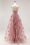 Sparkly Dusty Rose Floral A Line Sweetheart Long Prom Dress with Slit