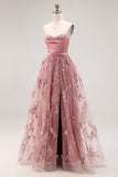 Sparkly Dusty Rose Floral A Line Sweetheart Long Prom Dress with Slit