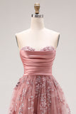 Sparkly Dusty Rose Floral A Line Sweetheart Long Prom Dress with Slit