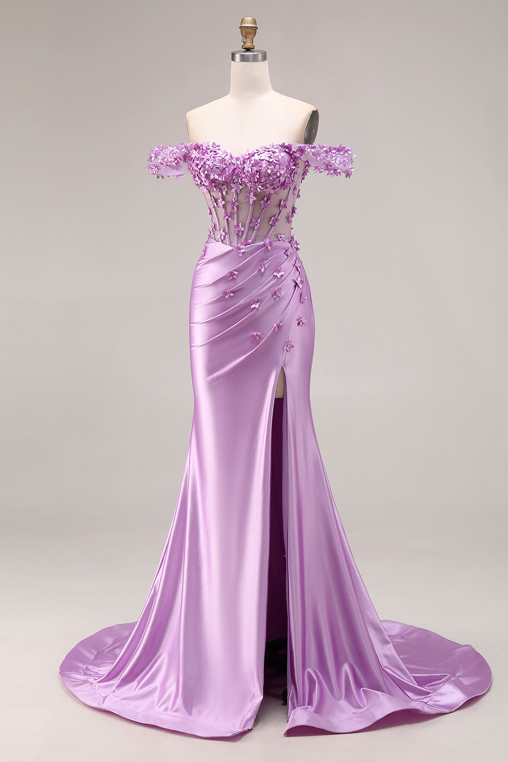 Purple Floral Mermaid Off the Shoulder Long Corset Prom Dress with 3D Flowers